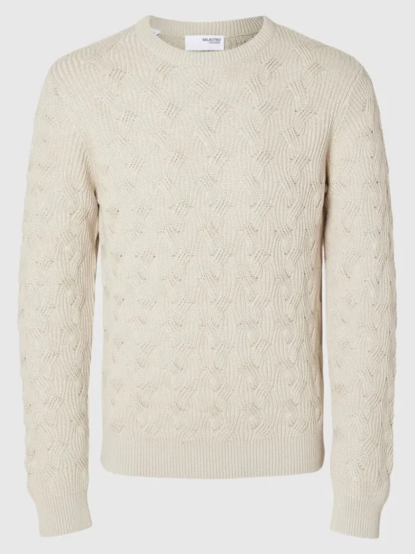 Strik>SELECTED KABELSTRIK SWEATER MED RUND HALS Beige