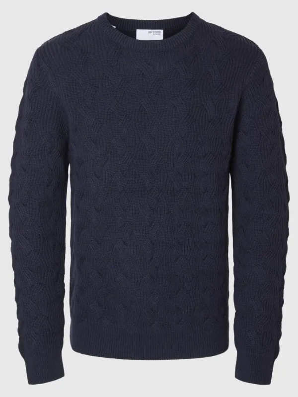 Strik>SELECTED KABELSTRIK SWEATER MED RUND HALS Blue