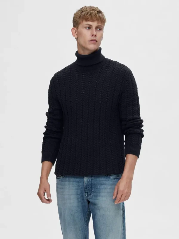 Strik>SELECTED KABELSTRIKKET RULLEKRAVE PULLOVER Blue