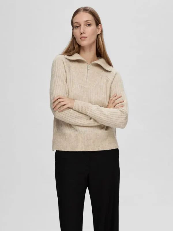 Strik>SELECTED KORT LYNLÅS STRIKTRØJE Beige