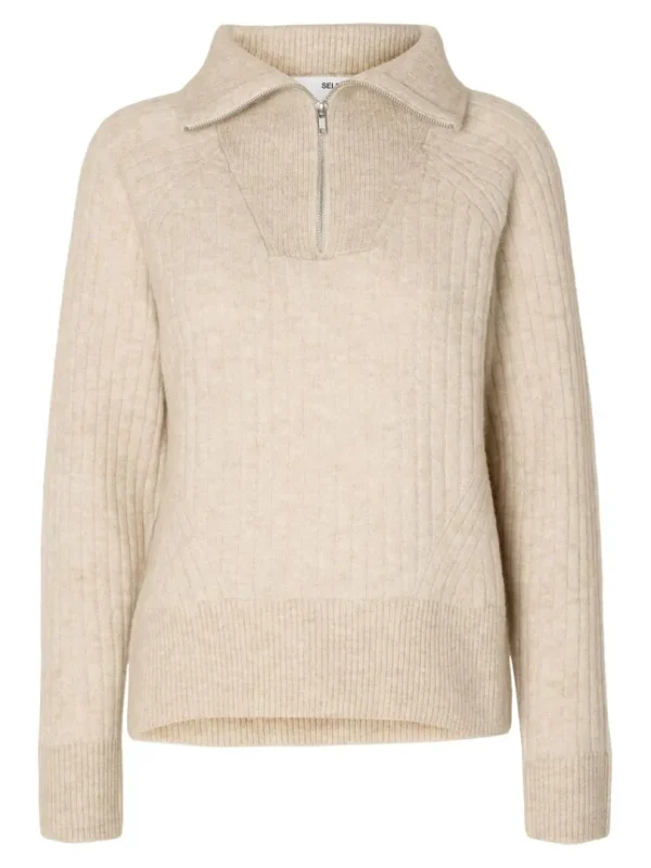 Strik>SELECTED KORT LYNLÅS STRIKTRØJE Beige