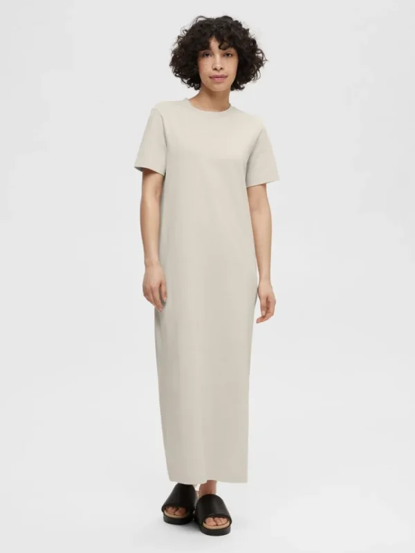 Kjoler>SELECTED KORTÆRMET MIDIKJOLE Beige