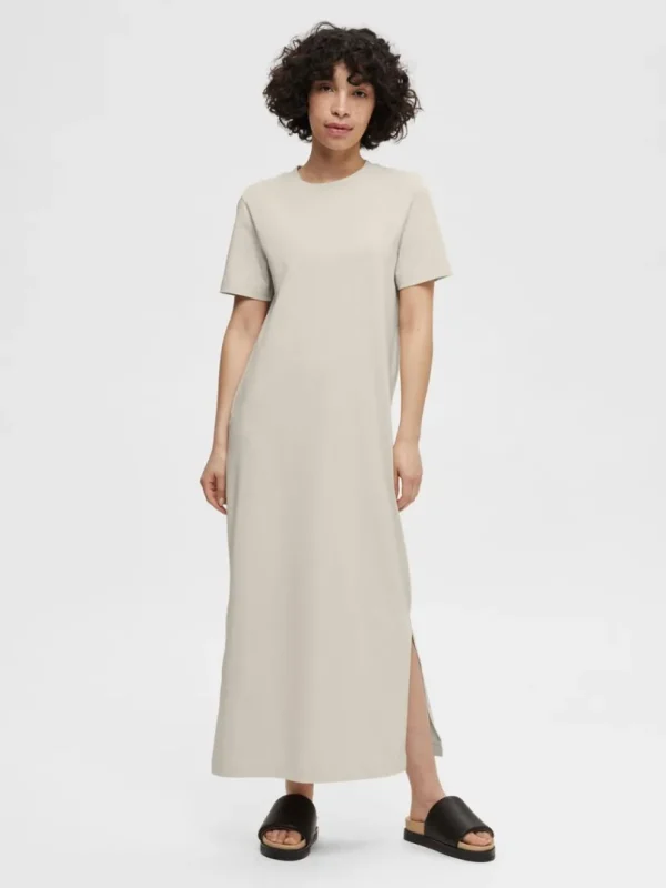 Kjoler>SELECTED KORTÆRMET MIDIKJOLE Beige