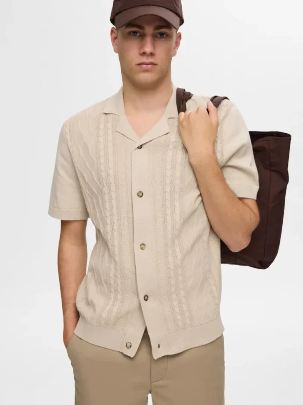 Strik>SELECTED KORTÆRMET STRIKKET CARDIGAN Beige