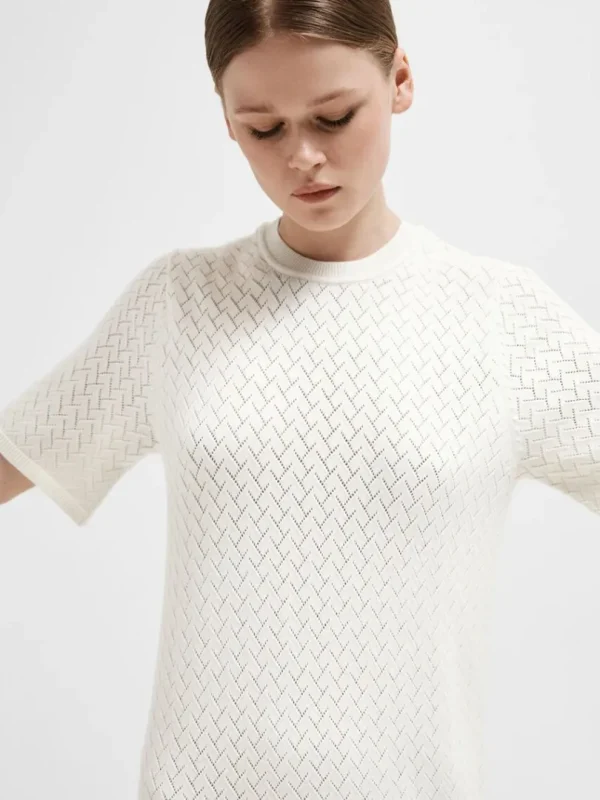 Kjoler | Strik>SELECTED KORTÆRMET STRIKKET MIDIKJOLE Beige