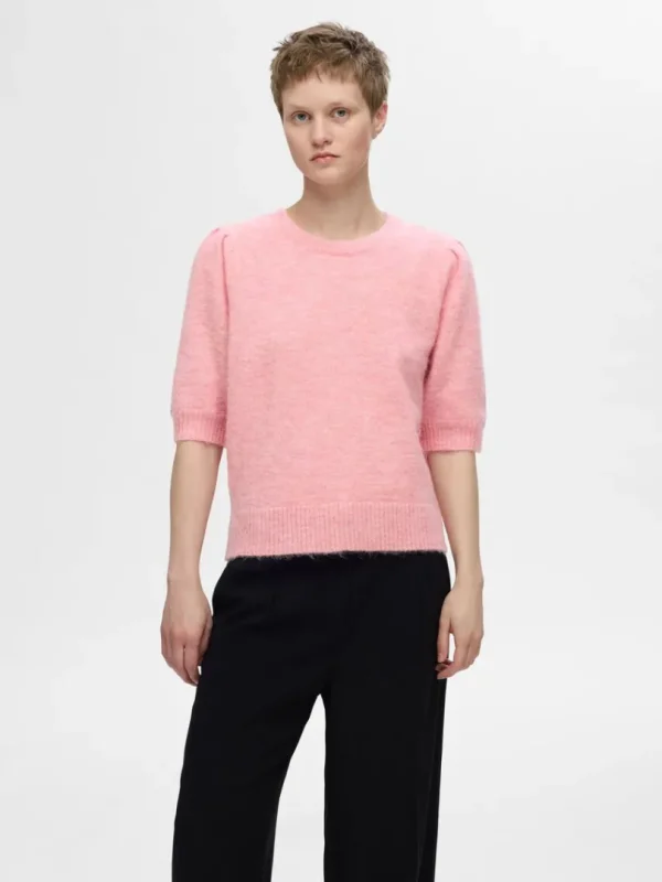 Strik>SELECTED KORTÆRMET STRIKKET TOP Pink