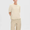 Strik>SELECTED KORTÆRMET STRIKKET TOP Beige