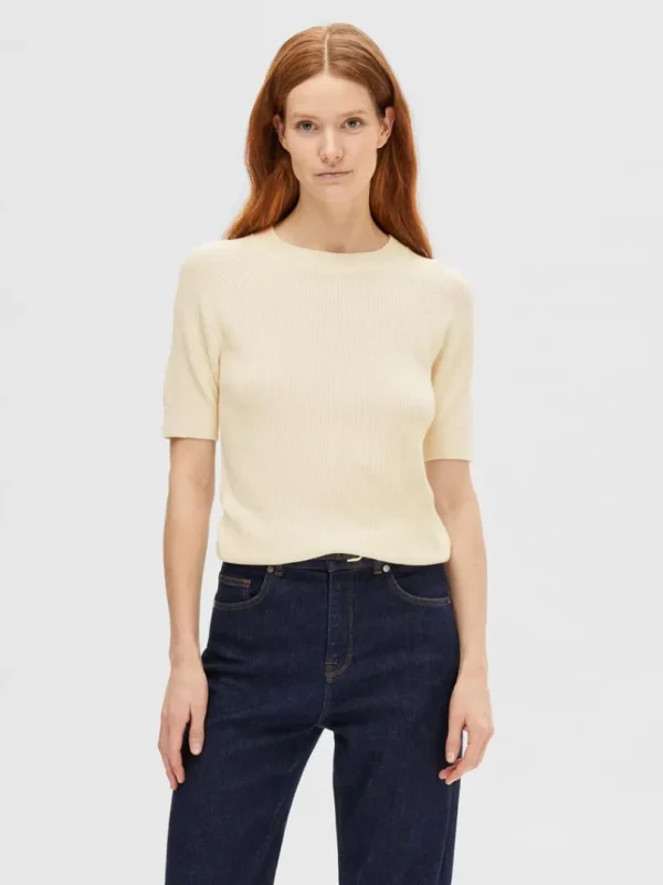 Strik>SELECTED KORTÆRMET STRIKKET TOP Beige