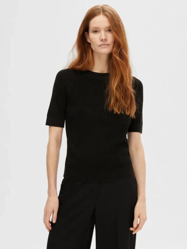 Strik>SELECTED KORTÆRMET STRIKKET TOP Black