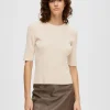 T-shirts | Toppe Og Bluser>SELECTED KORTÆRMET STRIKKET TOP Beige