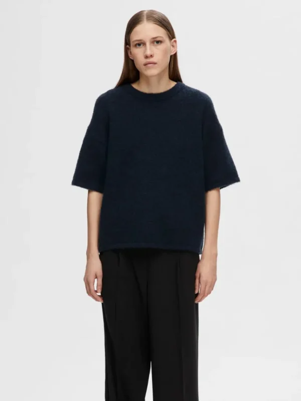 Strik>SELECTED KORTÆRMET STRIKKET TOP Blue