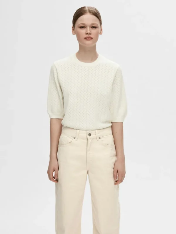Strik>SELECTED KORTÆRMET STRIKKET TOP Beige