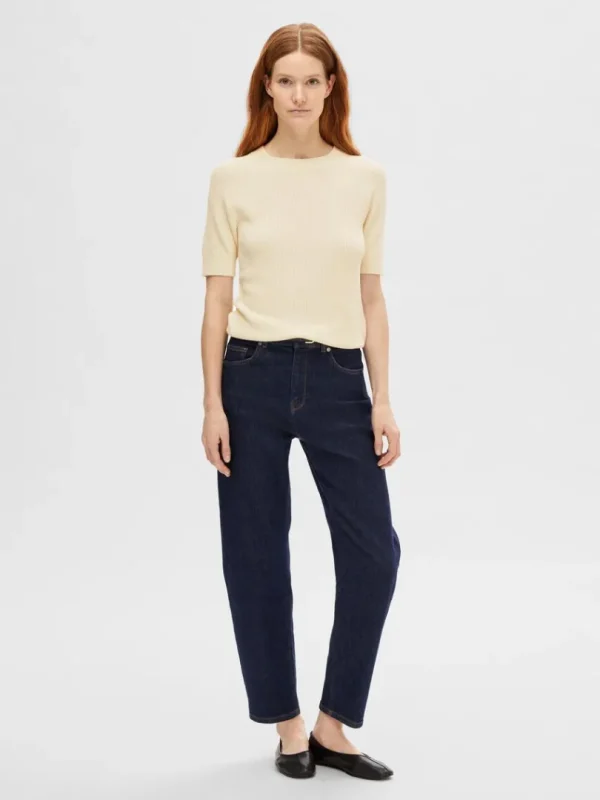 Strik>SELECTED KORTÆRMET STRIKKET TOP Beige