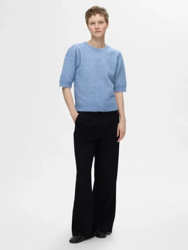 Strik>SELECTED KORTÆRMET STRIKKET TOP Blue