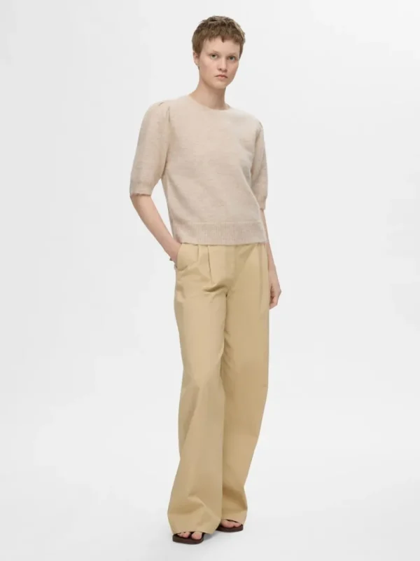 Strik>SELECTED KORTÆRMET STRIKKET TOP Beige