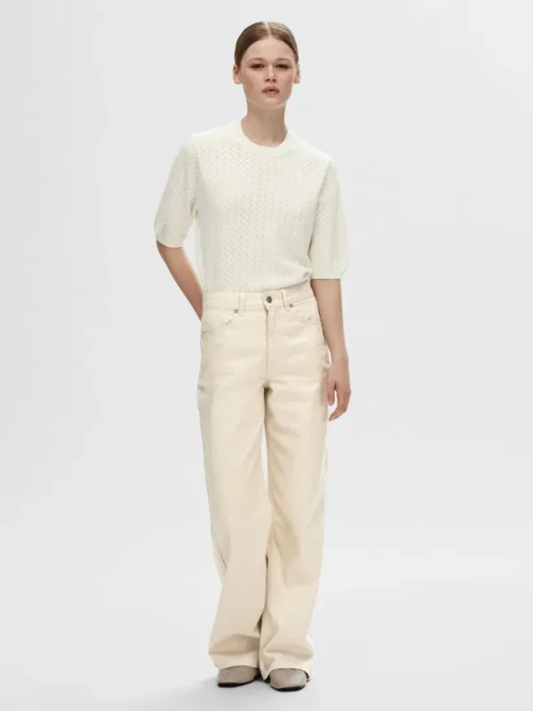 Strik>SELECTED KORTÆRMET STRIKKET TOP Beige
