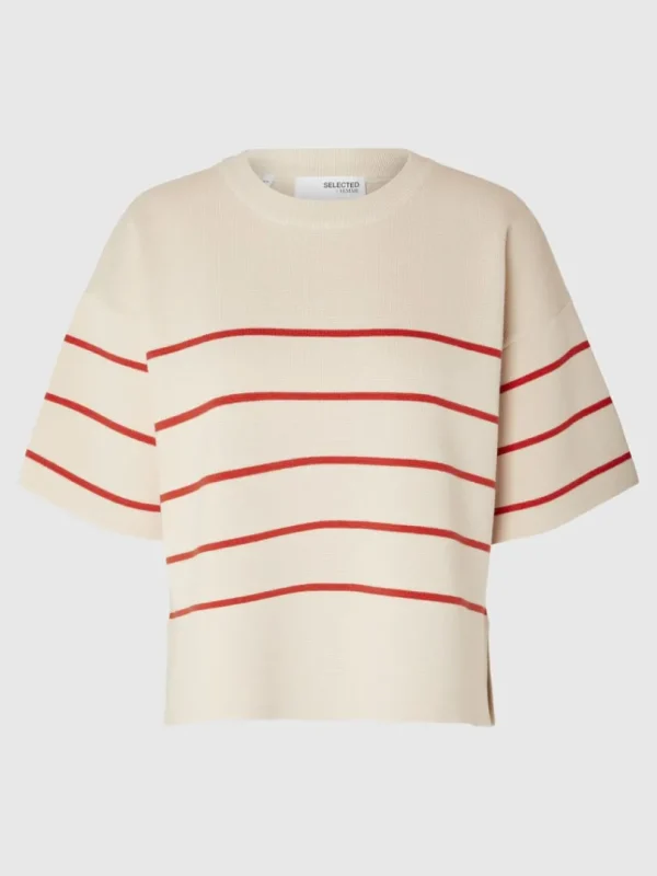 Strik>SELECTED KORTÆRMET STRIKKET TOP Beige