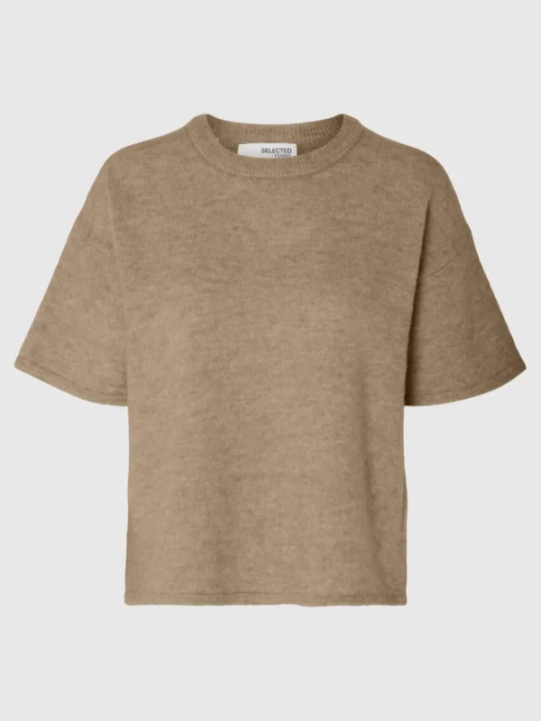 Strik>SELECTED KORTÆRMET STRIKKET TOP Brown