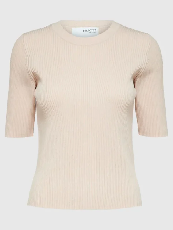 T-shirts | Toppe Og Bluser>SELECTED KORTÆRMET STRIKKET TOP Beige