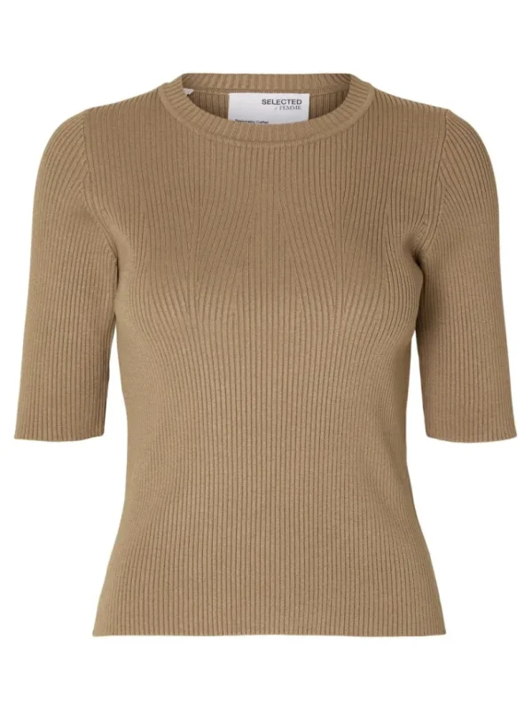 T-shirts | Strik>SELECTED KORTÆRMET STRIKKET TOP Brown
