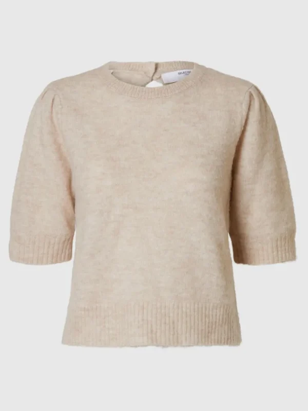 Strik>SELECTED KORTÆRMET STRIKKET TOP Beige