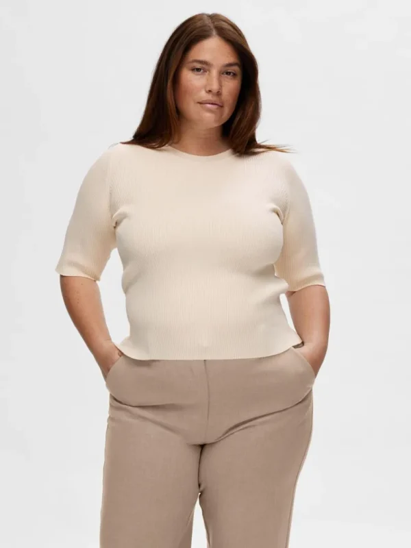 T-shirts | Toppe Og Bluser>SELECTED KORTÆRMET STRIKKET TOP Beige