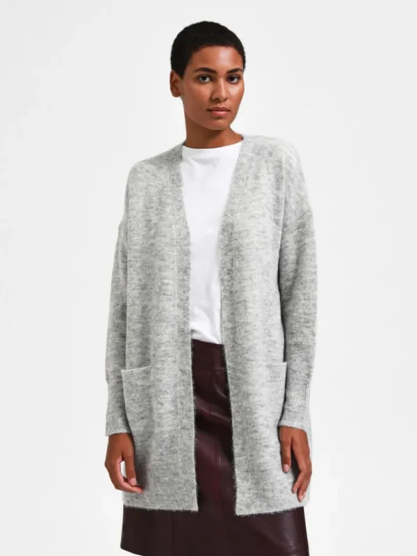 Strik>SELECTED LANG STRIKKET CARDIGAN Grey