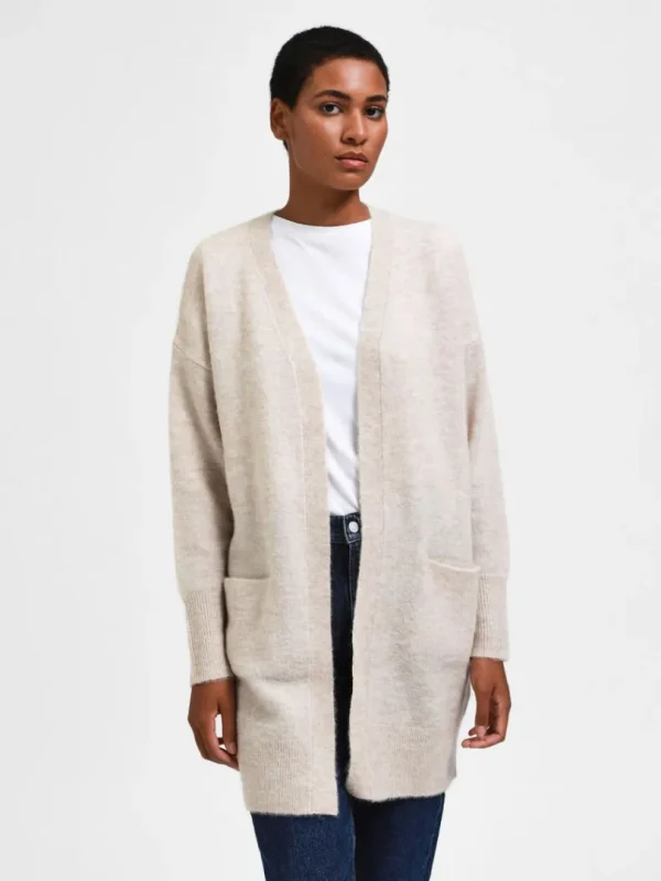 Strik>SELECTED LANG STRIKKET CARDIGAN Beige