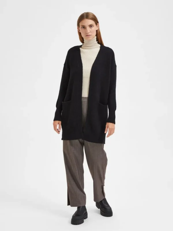 Strik>SELECTED LANG STRIKKET CARDIGAN Black