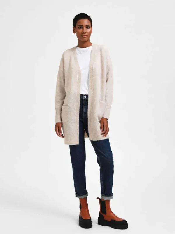 Strik>SELECTED LANG STRIKKET CARDIGAN Beige