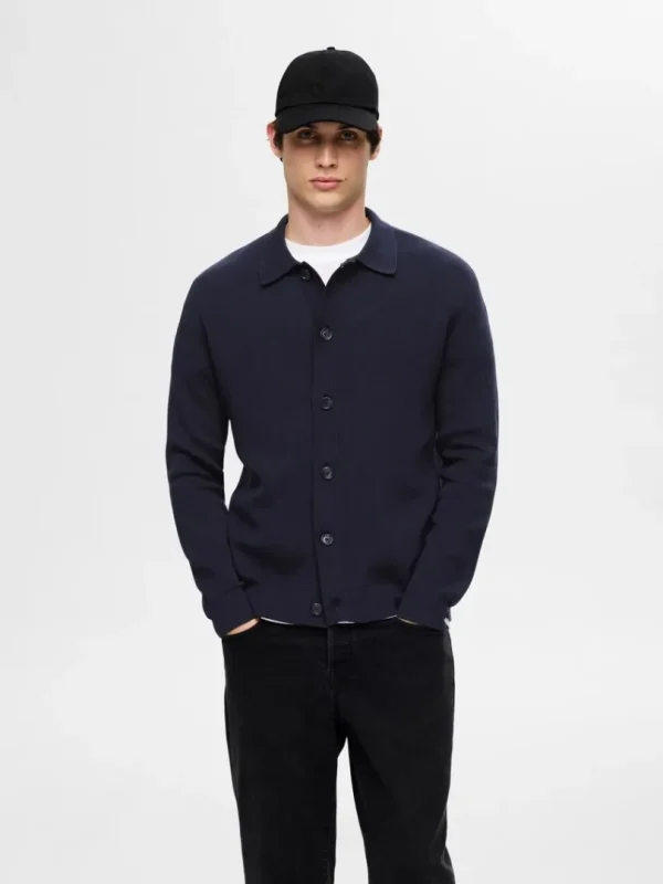 Strik>SELECTED LANGÆRMET POLO CARDIGAN Blue