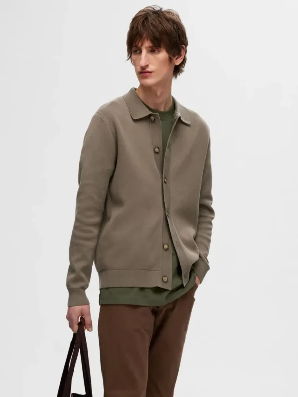 Strik>SELECTED LANGÆRMET POLO CARDIGAN Brown