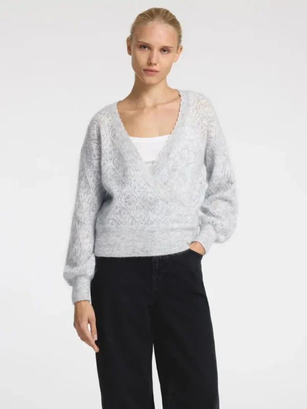 Strik>SELECTED LANGÆRMET SLÅ OM-CARDIGAN Grey