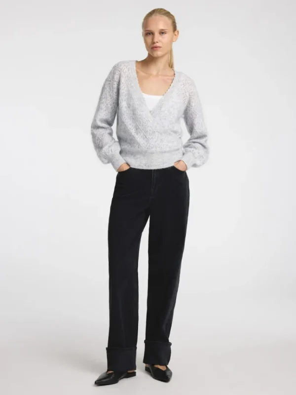 Strik>SELECTED LANGÆRMET SLÅ OM-CARDIGAN Grey