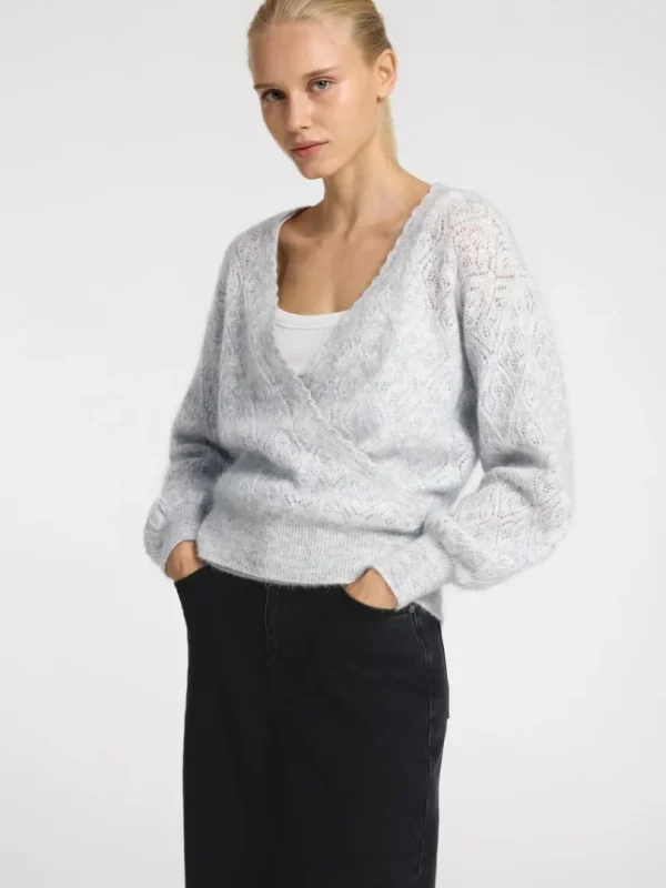 Strik>SELECTED LANGÆRMET SLÅ OM-CARDIGAN Grey