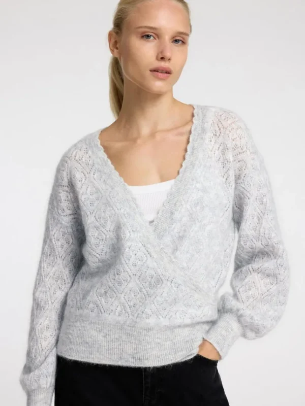 Strik>SELECTED LANGÆRMET SLÅ OM-CARDIGAN Grey