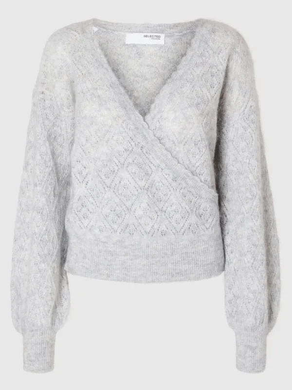 Strik>SELECTED LANGÆRMET SLÅ OM-CARDIGAN Grey