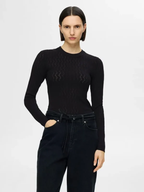 Strik>SELECTED LANGÆRMET STRIKKET TOP Black