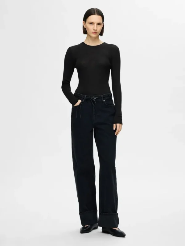 Strik>SELECTED LANGÆRMET STRIKKET TOP Black