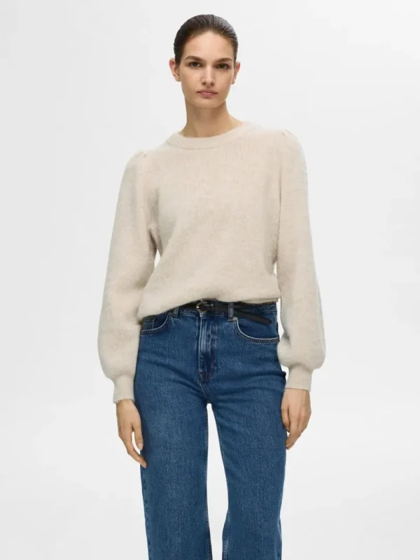 Strik>SELECTED LANGÆRMET STRIKTRØJE Beige