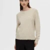 Strik>SELECTED LANGÆRMET STRIKTRØJE Beige