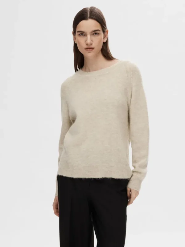 Strik>SELECTED LANGÆRMET STRIKTRØJE Beige