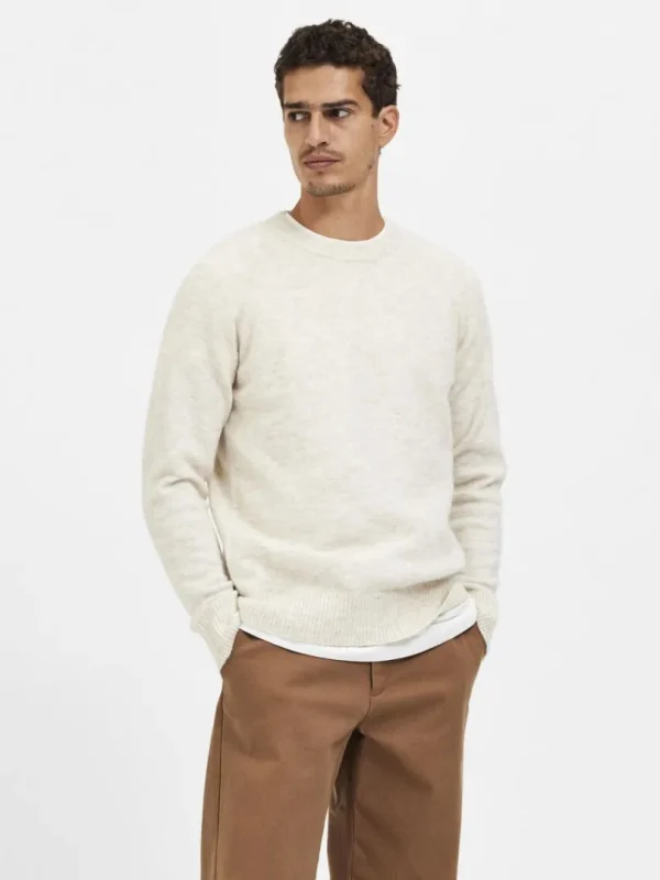 Strik>SELECTED LANGÆRMET STRIKTRØJE Beige