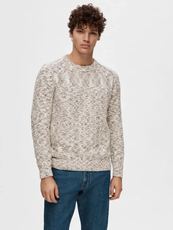 Strik>SELECTED LANGÆRMET STRIKTRØJE Beige