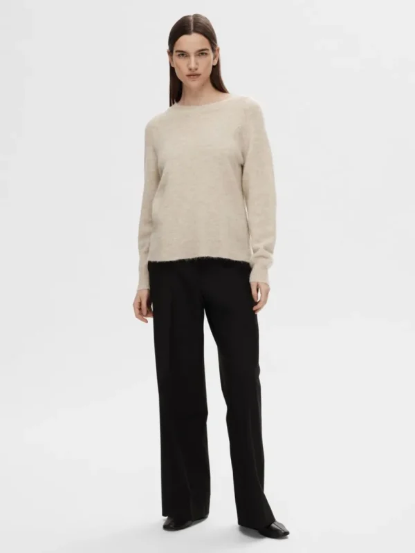 Strik>SELECTED LANGÆRMET STRIKTRØJE Beige