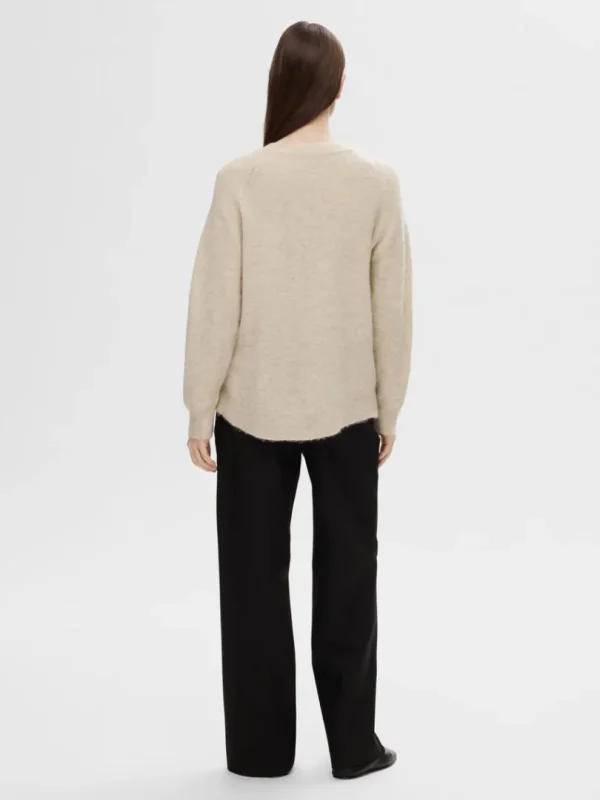 Strik>SELECTED LANGÆRMET STRIKTRØJE Beige