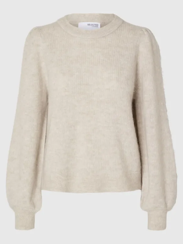 Strik>SELECTED LANGÆRMET STRIKTRØJE Beige