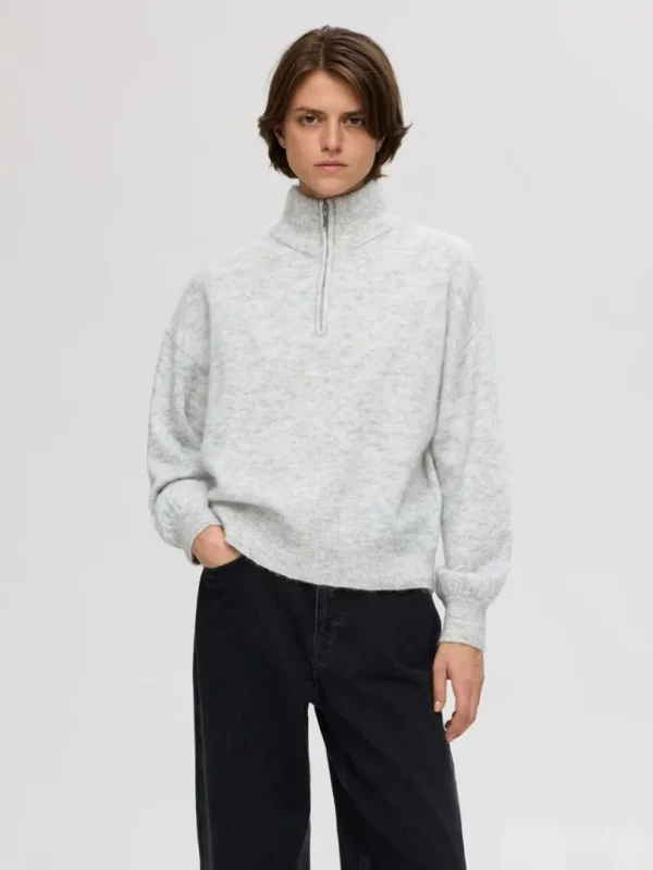 Strik>SELECTED LANGÆRMET TRØJE MED HALV LYNLÅS Grey