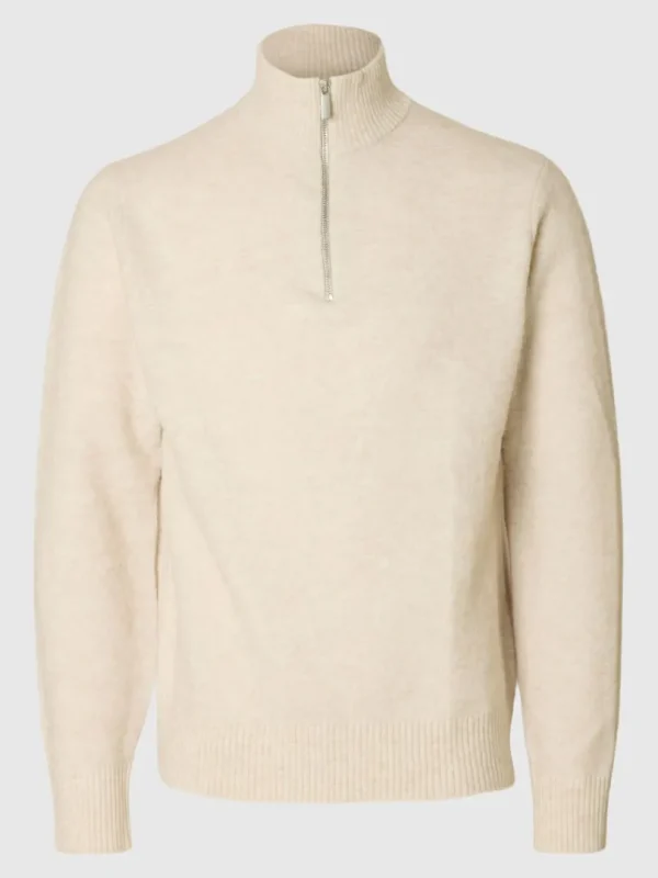 Strik>SELECTED LANGÆRMET TRØJE MED HALV LYNLÅS Beige