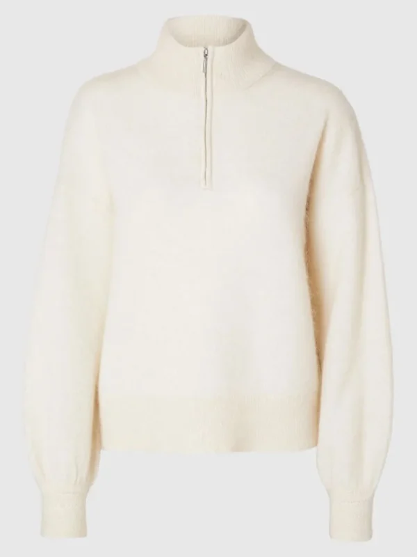 Strik>SELECTED LANGÆRMET TRØJE MED HALV LYNLÅS White